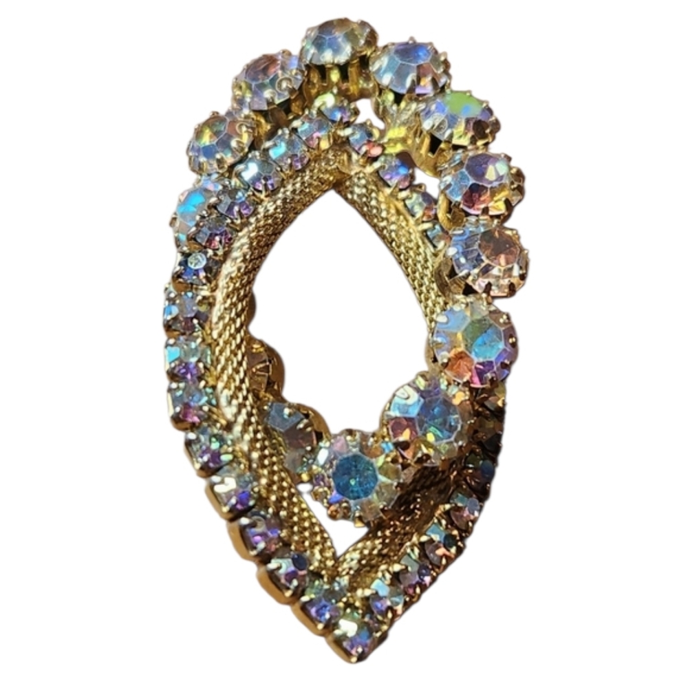 Vintage MCM Double Marquis AB Rhinestone Brooch Aurora Borealis